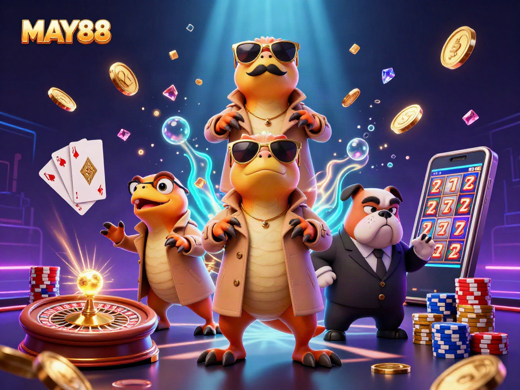 MAY88 introduces an exciting casino vibe with cartoon raptors in a trench coat getting past the bouncer.