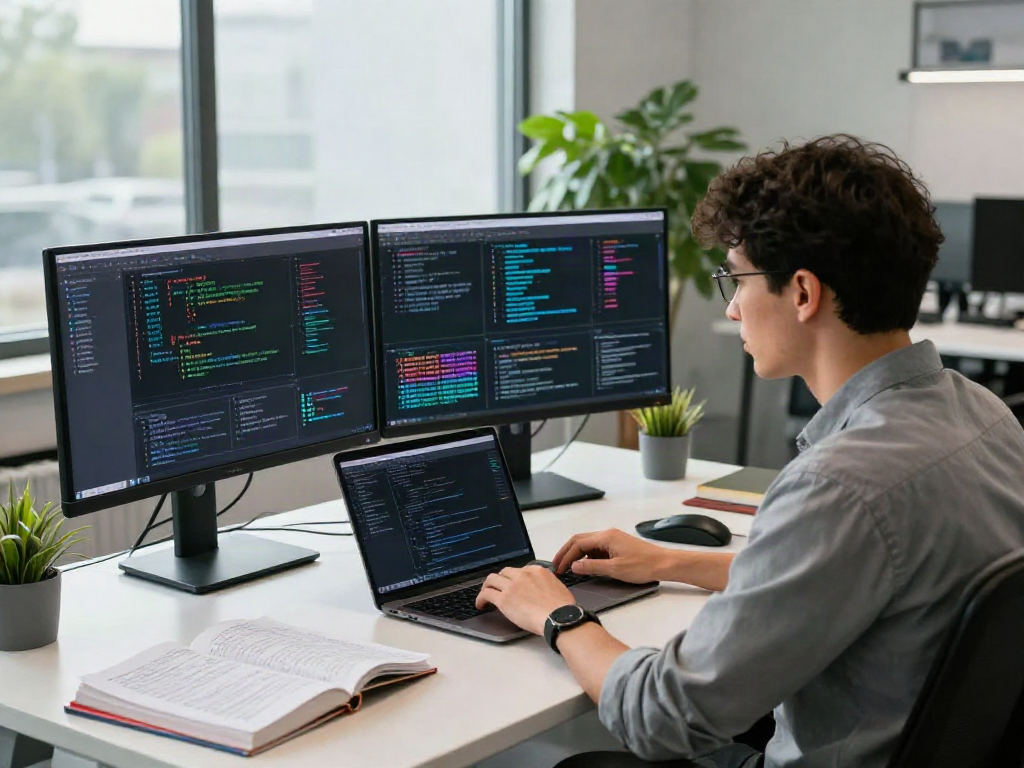 Data scientist working on spicy AI algorithms in a modern tech workspace, showcasing innovation and collaboration.