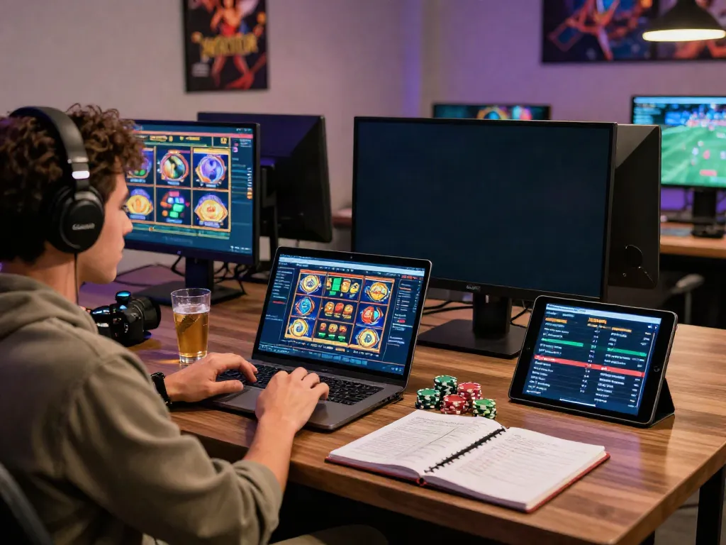 Person enjoying tx 88 games in an inviting gaming room, laptop and devices around.