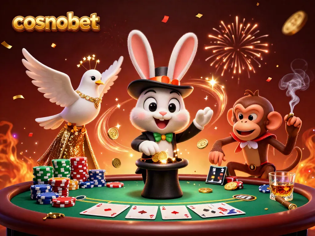 Experience the excitement of cosmobet with a magician rabbit, coins, and poker action in a vibrant casino scene.