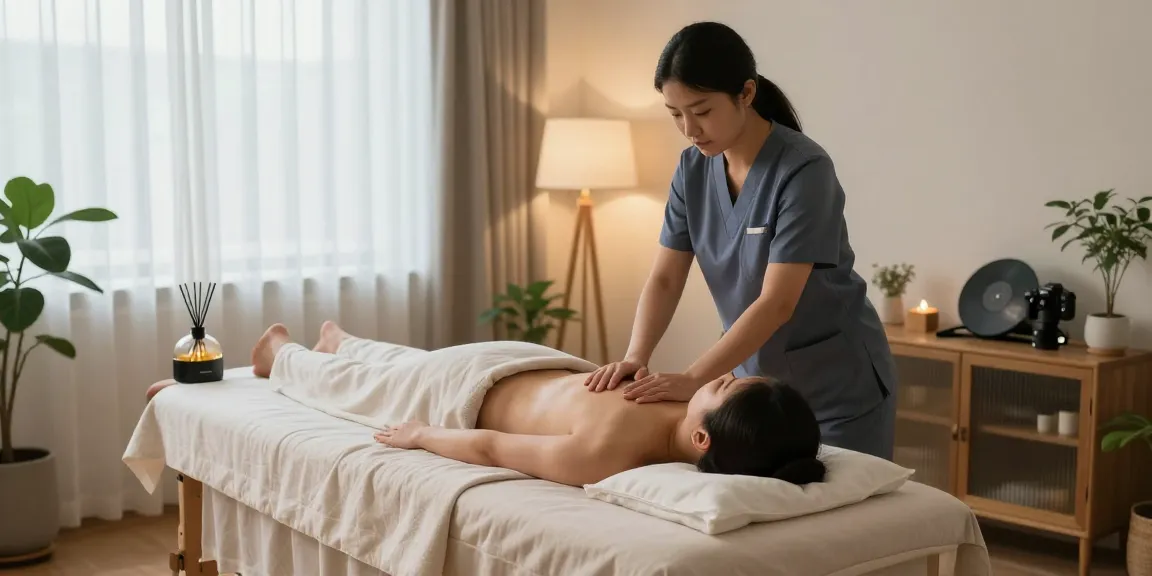 Relaxing 출장마사지 session in a serene home setting, with a therapist and calming atmosphere.