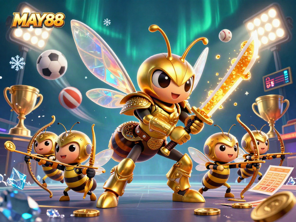 Engage with MAY88's lively casino scene showcasing animated characters and dynamic sports elements.