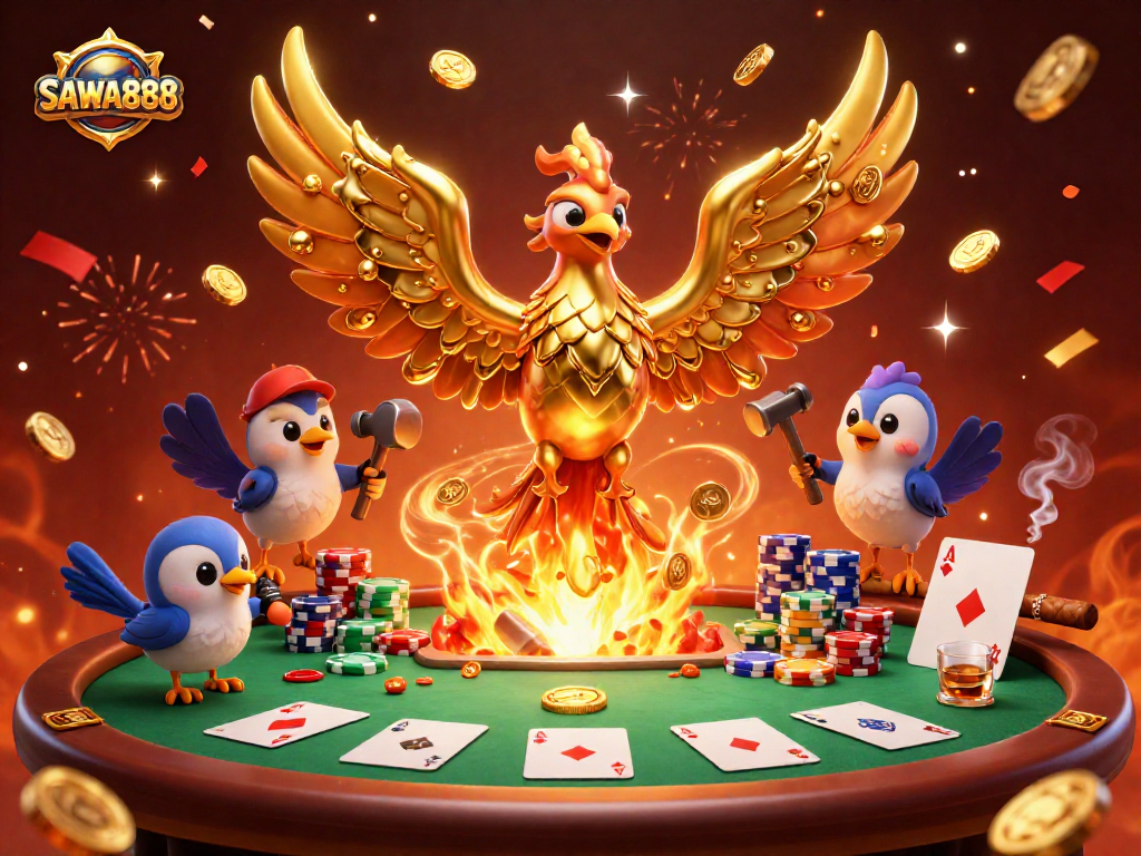 Experience the magic of SAWA888 with a golden phoenix and poker elements in a vibrant casino setting.