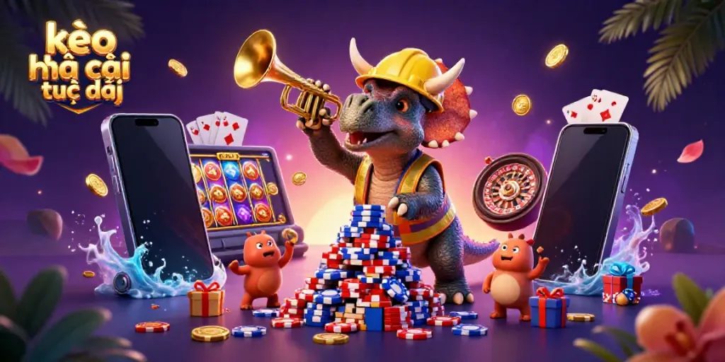 Cheerful triceratops building poker chip pyramid in kèo nhà cái trực tiếp casino scene.