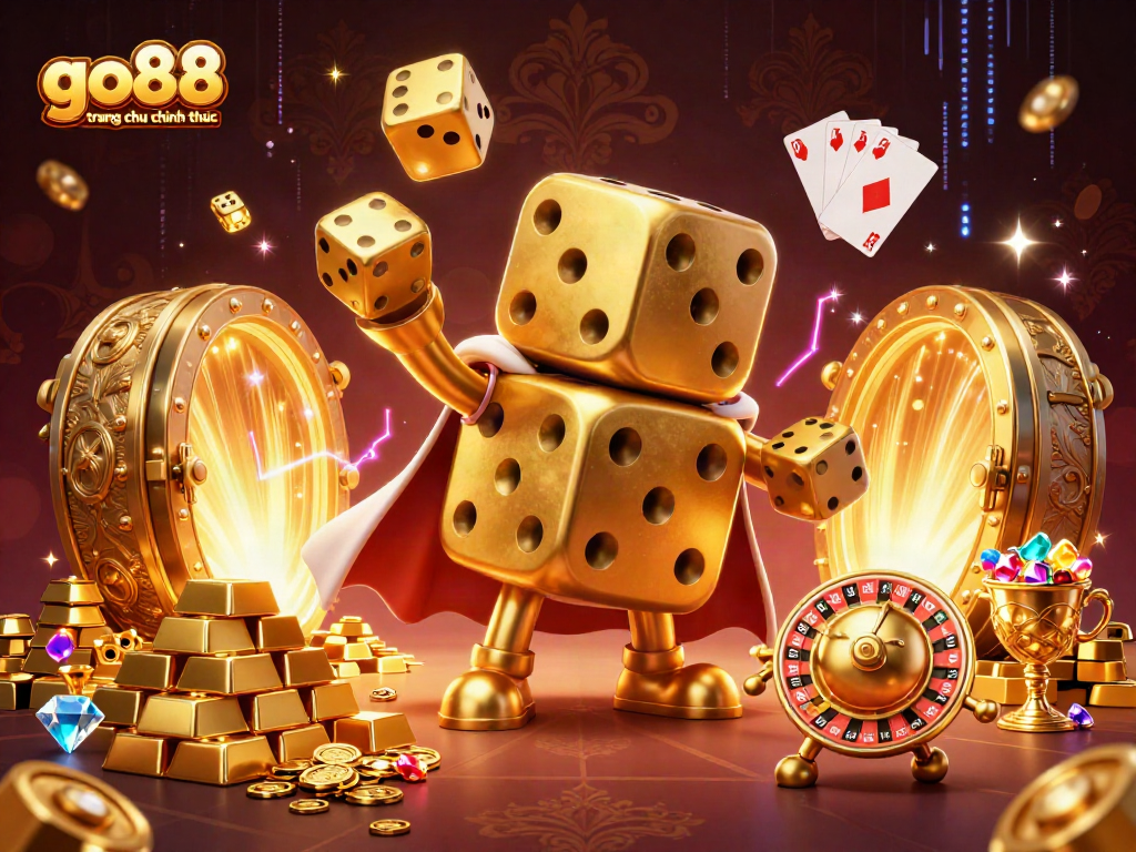 Experience the excitement of go88 trang chu chinh thuc with a golden dice golem illustration rolling dice.