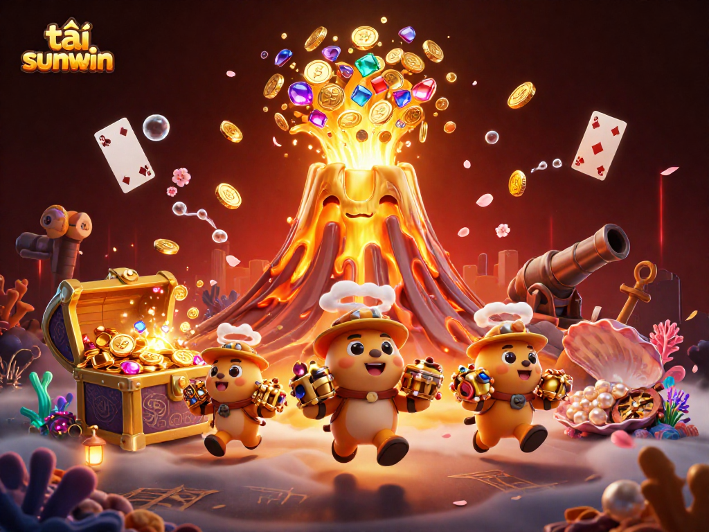 Experience the excitement of tải sunwin as treasure erupts from a volcano with tiny adventurers fleeing with riches.