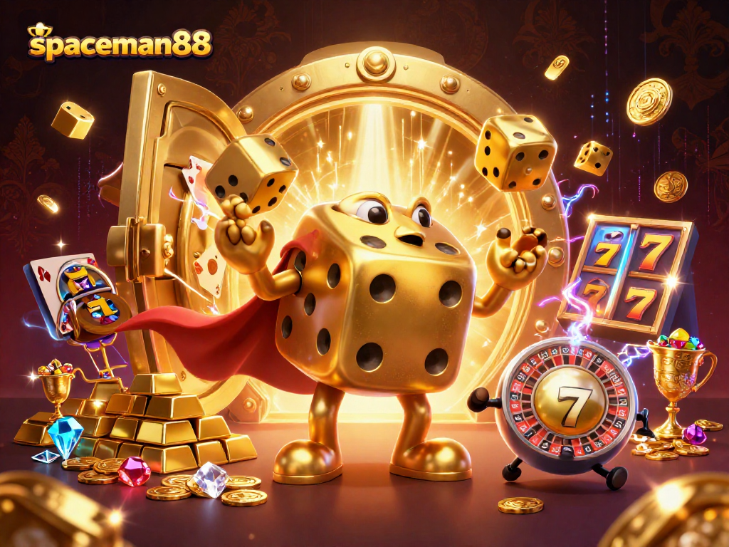 Engage with spaceman88 in a captivating 3D illustration of golden dice and dynamic casino elements.