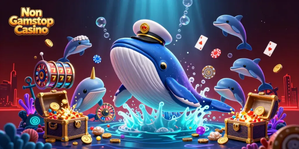 Playful scene of Non Gamstop Casino with a cartoon whale, narwhal, and dolphins amongst coins.