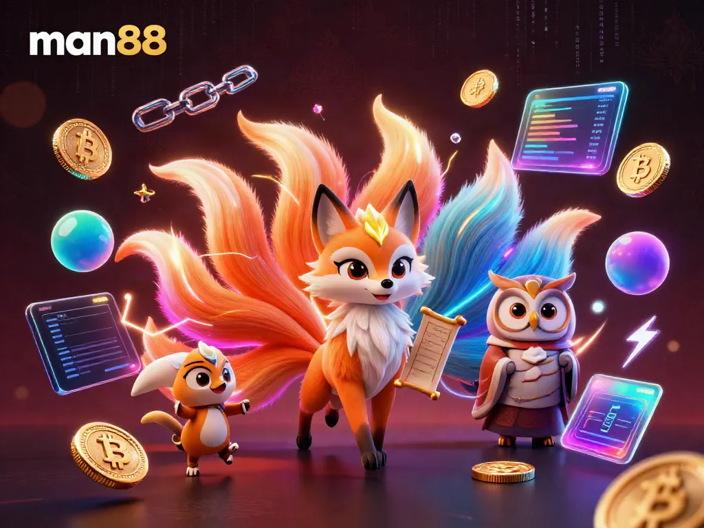 Join the excitement at man88 with vibrant 3D characters and crypto elements in a rich casino atmosphere.