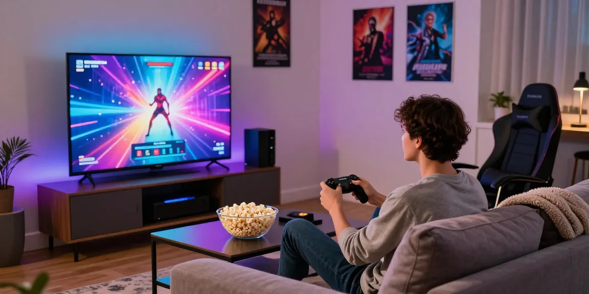 Engaging living room scene with person playing porn games online, showcasing vibrant graphics and cozy atmosphere.