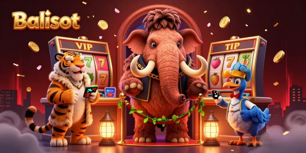 Balislot casino experience with a woolly mammoth bouncer and saber-tooth tiger VIP in a vibrant, dynamic setting.