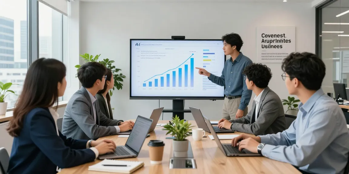 Team discussing AI for business strategies in a modern office setting.