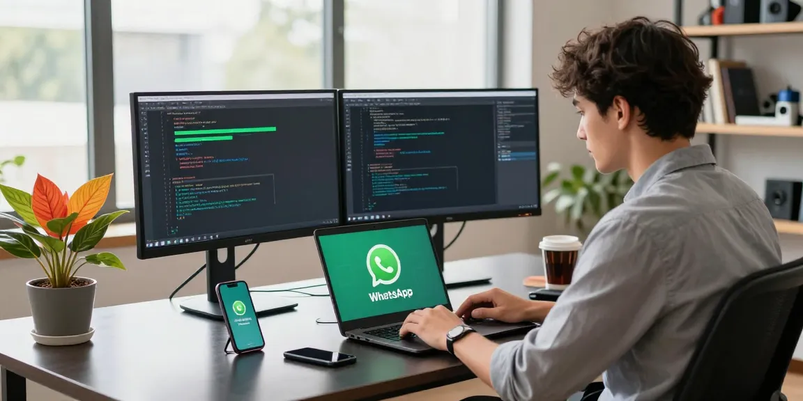 Downloading WhatsApp下載 on a tech workspace with dual monitors and lively plants.
