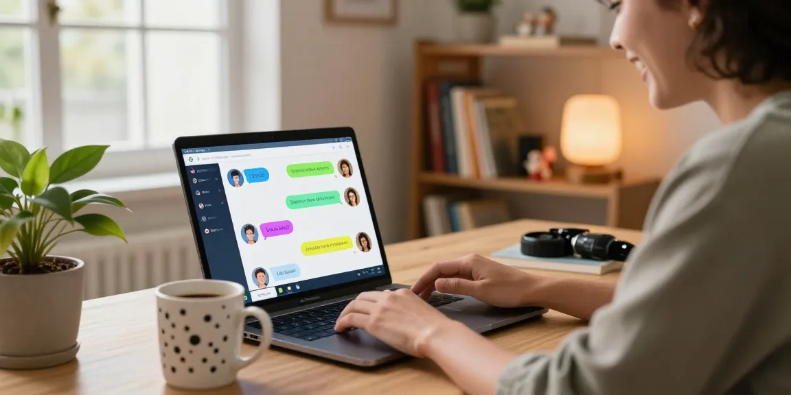 Interactive AI 18+ chat experience in a cozy home office setting, highlighting vibrant avatars and engaging conversations.